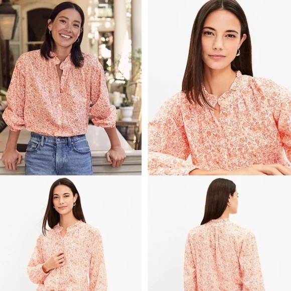 Loft women’s medium long sleeve top orange Jungle Ruffle Neck Poet Blouse shirt - Picture 1 of 10